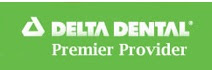 The image shows a logo with the text Delta Dental and below it, PREMIER PROVIDER, indicating an affiliation between Delta Dental and a dental service provider that offers premium services.