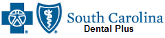 The image displays a logo with text reading SOUTH CAROLINA at the top and DENTAL PLUS below, along with the logos of two organizations a shield with a cross inside possibly representing healthcare and a blue circle with a white letter S inside which could be an abbreviation for a specific organization or service . The logo is set against a light background.